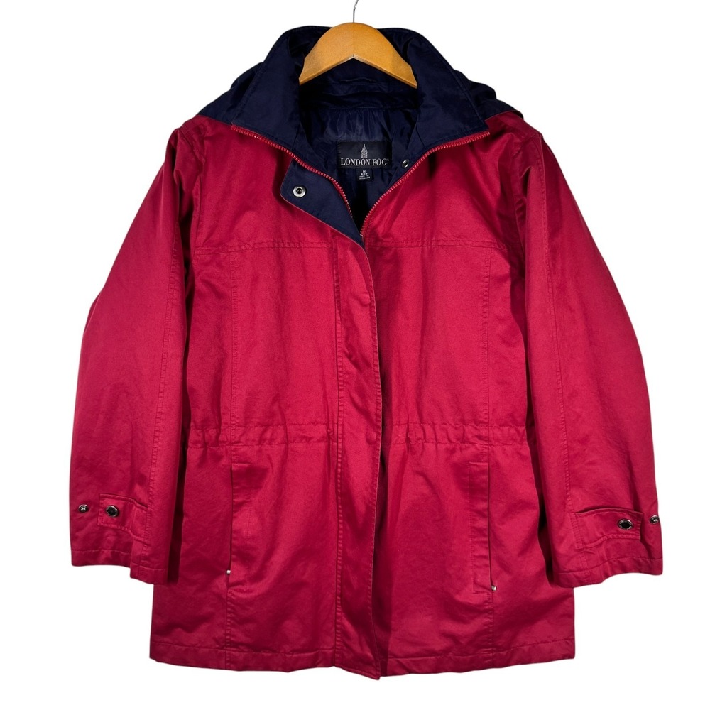 London Fog Jacket Women Medium Red Hooded Zip Button Coat Lined Rain Windbreaker